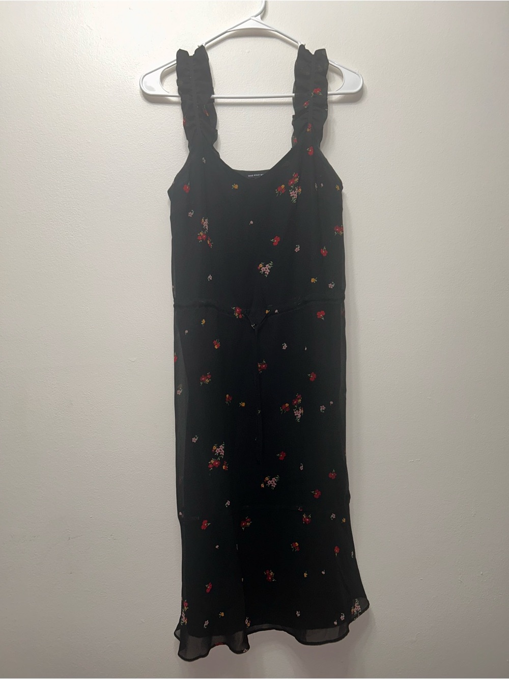 Who What Wear Black Floral Midi Dress with Ruffled Straps